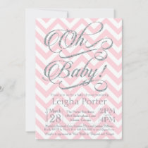 Glitter Baby Shower Invitation Silver pink chevron