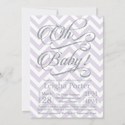 Glitter Baby Shower Invitation Silver Purple lilac