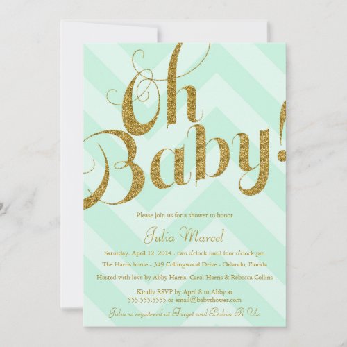 Glitter Baby Shower Invitation with Mint Chevron