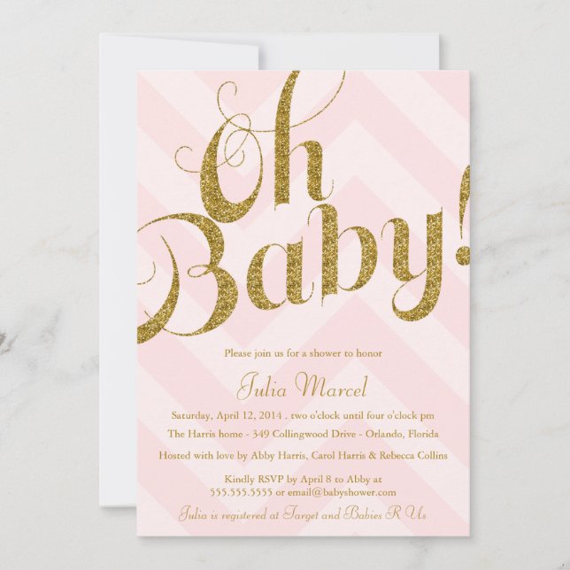 Glitter Baby Shower Invitation with Pink Chevron (Front)