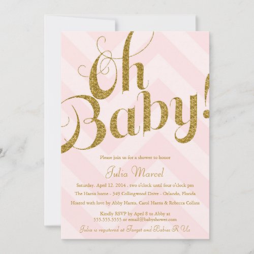 Glitter Baby Shower Invitation with Pink Chevron