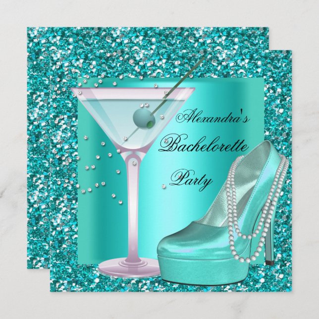 Glitter Bachelorette Party Aqua Teal Blue Invitation (Front/Back)