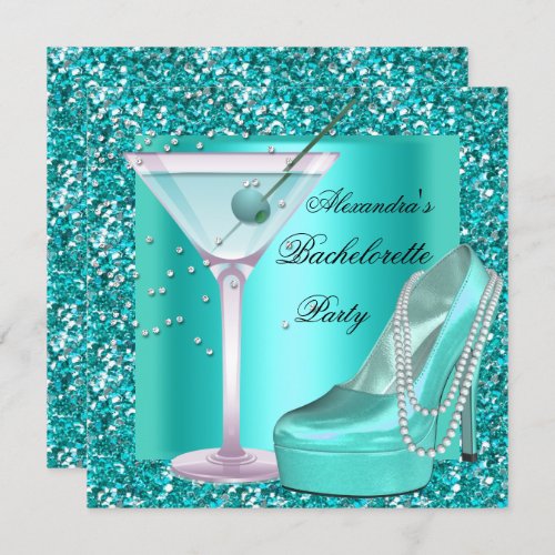 Glitter Bachelorette Party Aqua Teal Blue Invitation