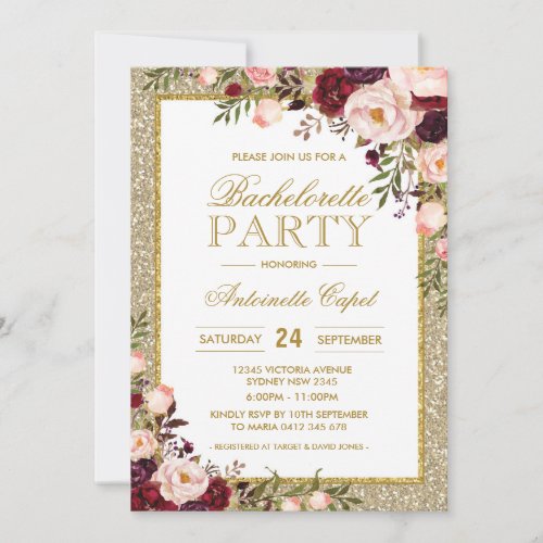 Glitter Bachelorette Party Burgundy Floral Invite