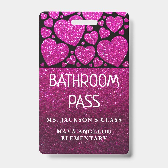 Glitter Back To School Hearts Bathroom Hall Pass Badge (Front)