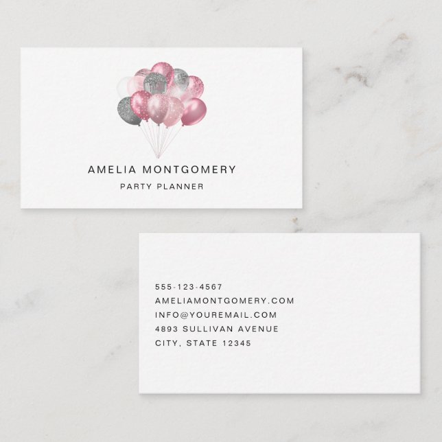 Glitter Balloon Bunch Pink and Silver Business Card (Front/Back)