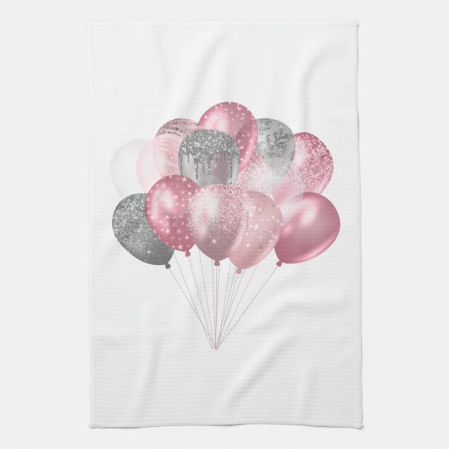 Glitter Balloon Bunch Pink and Silver Kitchen Towel (Vertical)