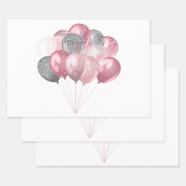 Glitter Balloon Bunch Pink and Silver Wrapping Paper Sheets (Set)