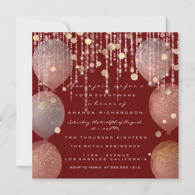 Glitter Balloon Rose Gold Bridal Sweet 16th Maroon Invitation (Front)