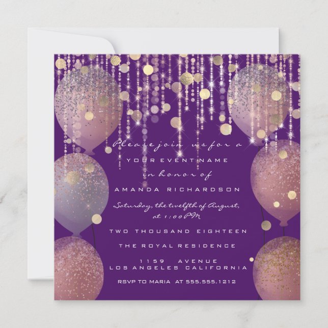 Glitter Balloon Rose Gold Bridal Sweet 16th Purple Invitation (Front)