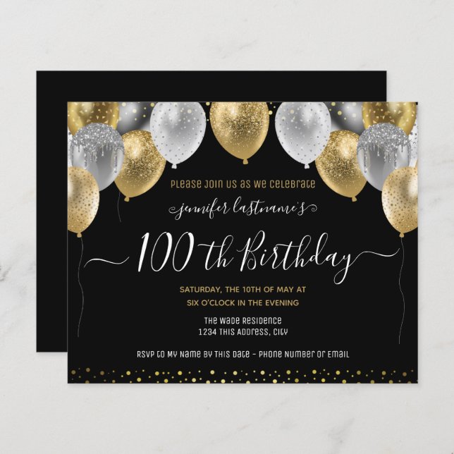 Glitter Balloons 100th Birthday Party Invitation (Front/Back)