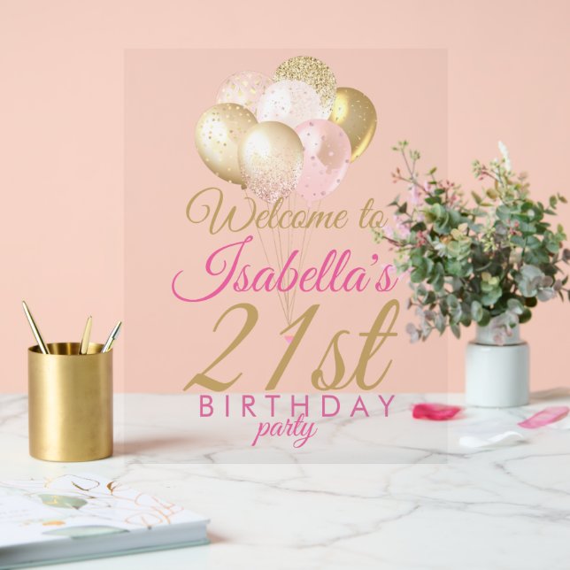 Glitter Balloons 21st Birthday Party Welcome Acrylic Sign (Wedding)