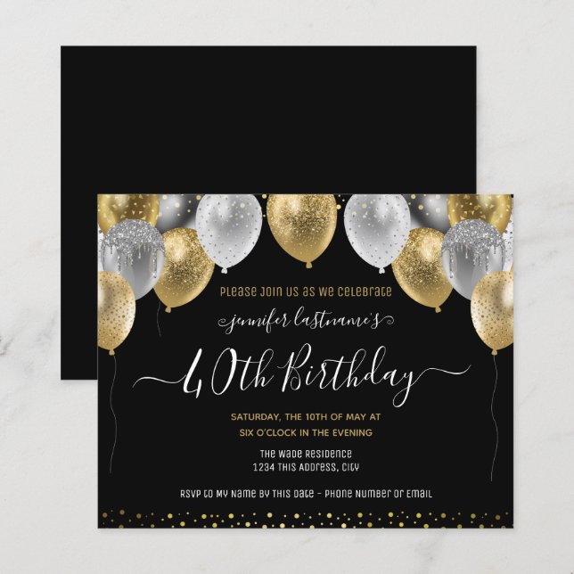 Glitter Balloons 40th Birthday Party Invitation (Front/Back)