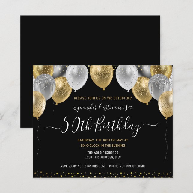 Glitter Balloons 50th Birthday Party Invitation (Front/Back)