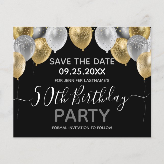 Glitter Balloons 50th Birthday Party Save the Date (Front)