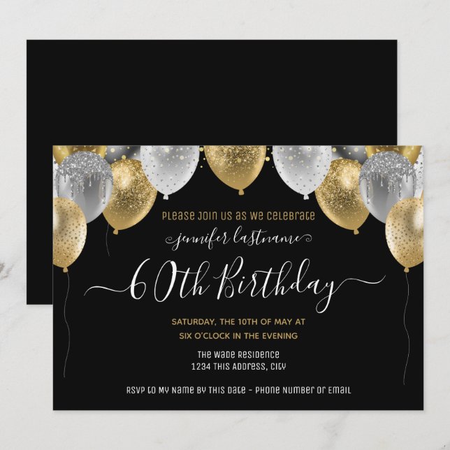 Glitter Balloons 60th Birthday Party Invitation (Front/Back)