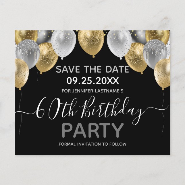 Glitter Balloons 60th Birthday Party Save the Date (Front)