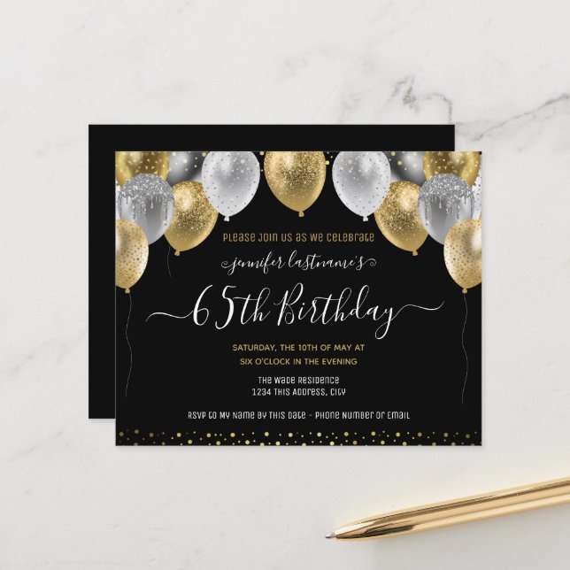 Glitter Balloons 65th Birthday Party Invitation (Front/Back In Situ)