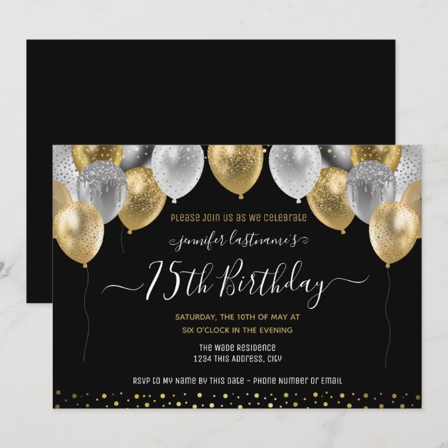 Glitter Balloons 75th Birthday Party Invitation (Front/Back)