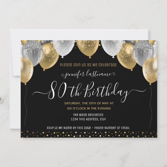 Glitter Balloons 80th Birthday Party Invitation (Front)