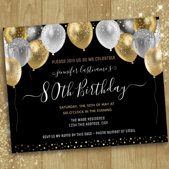 Glitter Balloons 80th Birthday Party Invitation (Creator Uploaded)