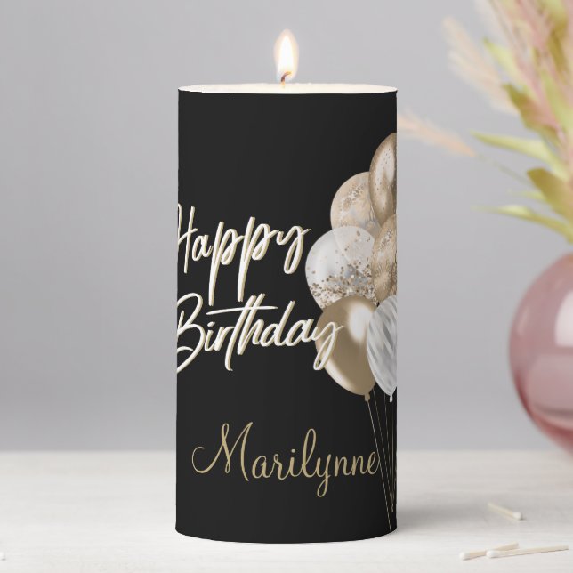 Glitter Balloons Happy Birthday Name Pillar Candle (In Situ)