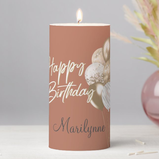 Glitter Balloons Happy Birthday Name Pillar Candle (In Situ)