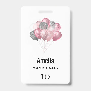 Glitter Balloons Pink and Silver Badge