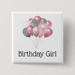Glitter Balloons Pink and Silver Birthday Girl Button