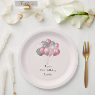 Glitter Balloons Pink and Silver Birthday Paper Plates