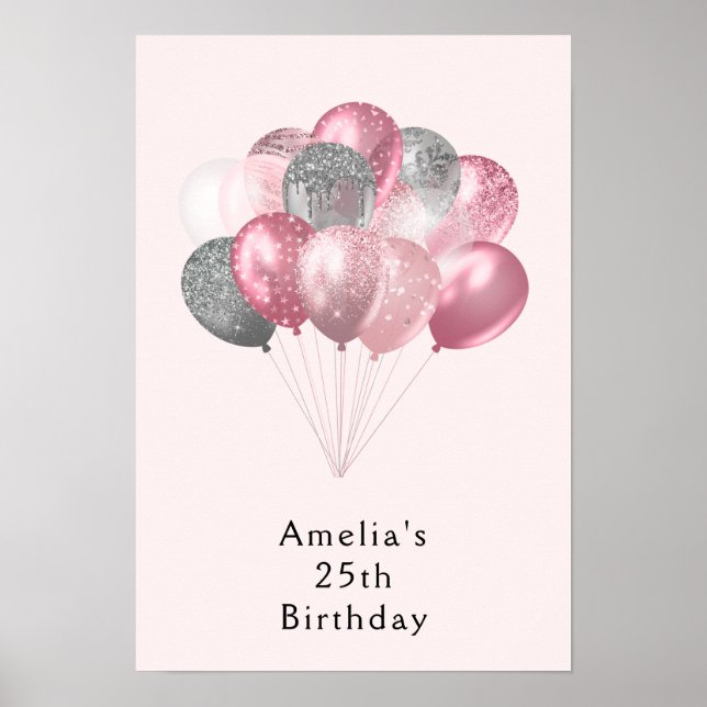Glitter Balloons Pink and Silver Birthday Poster (Front)
