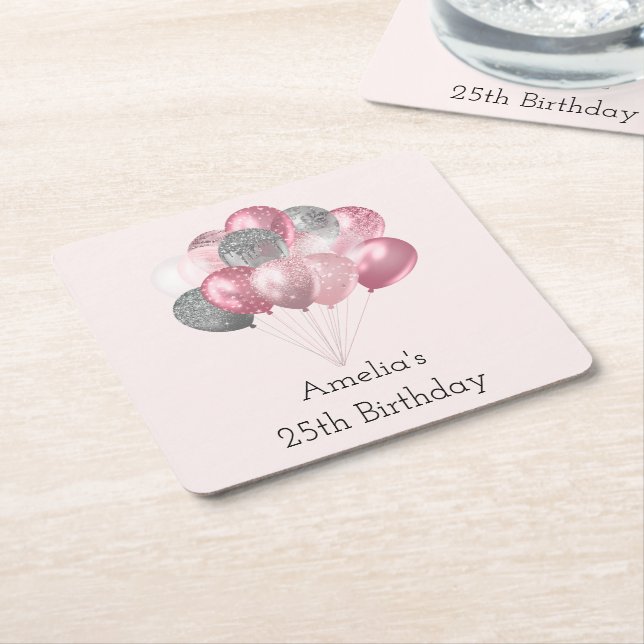 Glitter Balloons Pink and Silver Birthday Square Paper Coaster (Angled)