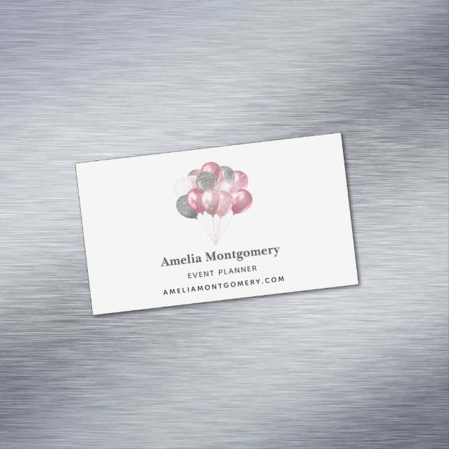 Glitter Balloons Pink and Silver Business Card Magnet (In Situ)
