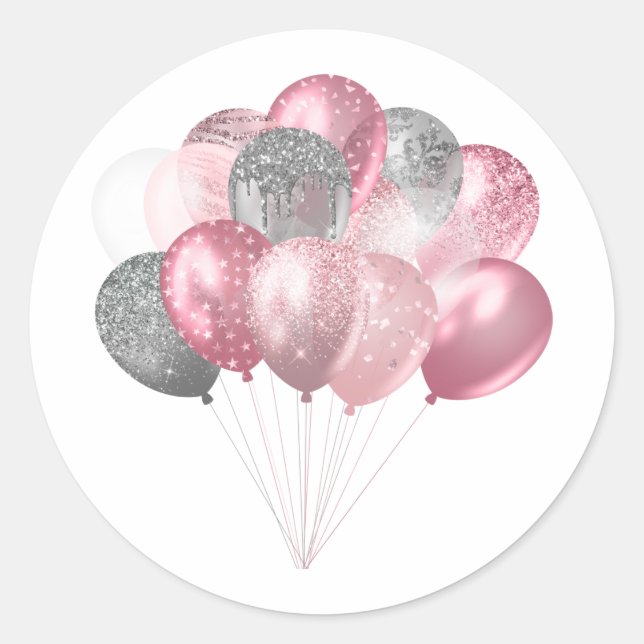 Glitter Balloons Pink and Silver Classic Round Sticker (Front)