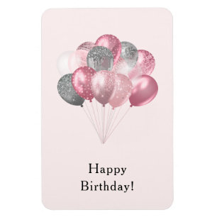 Glitter Balloons Pink and Silver Happy Birthday Magnet