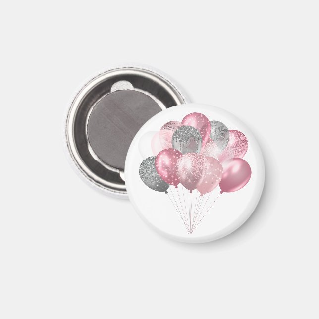 Glitter Balloons Pink and Silver Magnet (Front/Back)