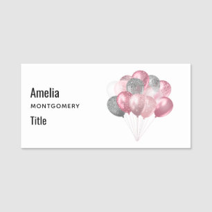 Glitter Balloons Pink and Silver Name Tag