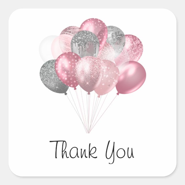Glitter Balloons Pink and Silver - Thank You Square Sticker (Front)