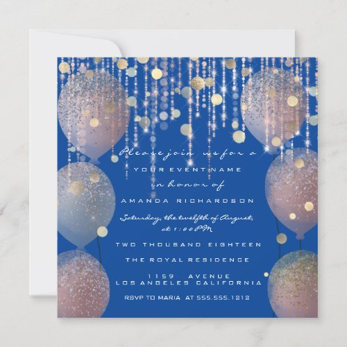 Glitter Balloons Rose Bridal Shower Royal Blue Invitation