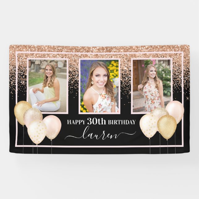 Glitter Balloons Three Photos 30th Black Birthday Banner (Horizontal)
