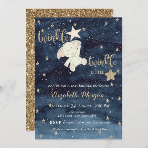 Glitter Bear Blue Twinkle Little Star Baby Shower Invitation