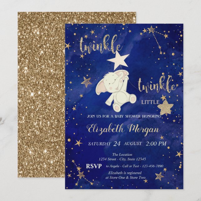 Glitter Bear Twinkle Little Star Gold Baby Shower Invitation (Front/Back)