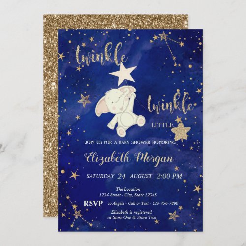 Glitter Bear Twinkle Little Star Gold Baby Shower Invitation