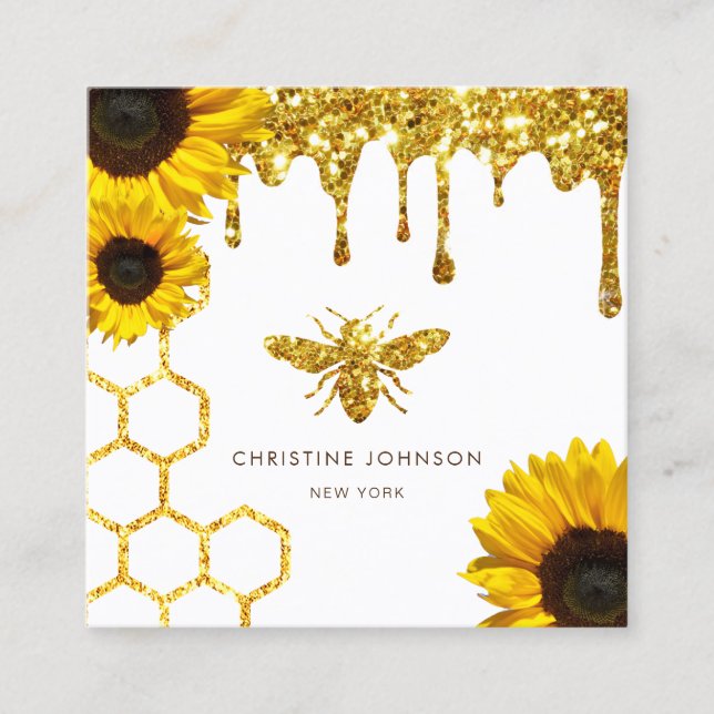 glitter bee and sunflowers square business card (Front)
