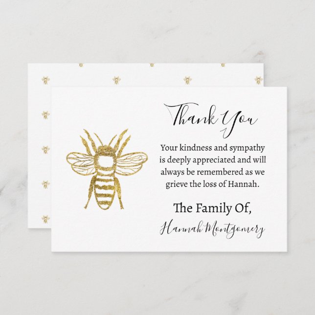 Glitter Bee Funeral Sympathy Thank You Note Card (Front/Back)