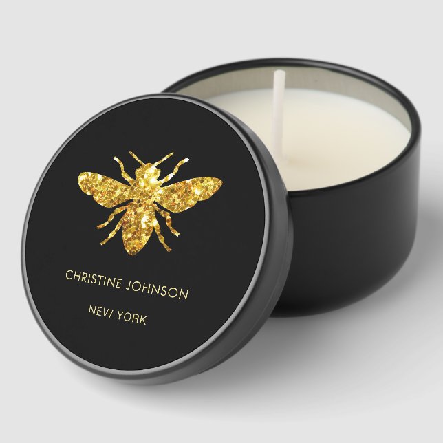 glitter bee logo on black mini candle favors (Corner)