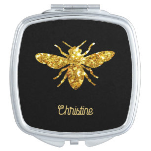 glitter bee on black compact mirror