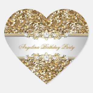Glitter Birthday Party Gold Jewel Diamond Any Age Heart Sticker