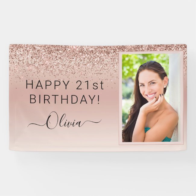 Glitter Birthday Photo Blush Pink Girly Rose Gold Banner