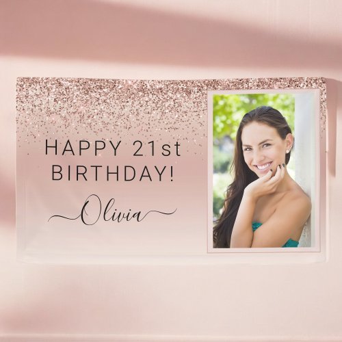 Glitter Birthday Photo Blush Pink Girly Rose Gold Banner